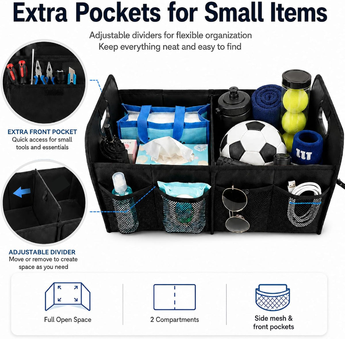 PAT SAM'S Trunk Organizer for SUV, Collapsible Car Trunk Organizer with Dividers, Waterproof 600D Oxford, Non-Slip Storage Organizer for Groceries, Tools, Travel, Truck & Car (Black)