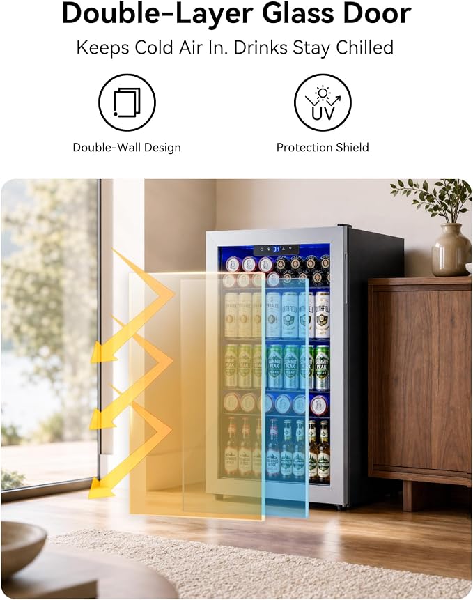 Feelfunn Beverage Refrigerator Cooler - 126 Can Mini Fridge Glass Door for Drinks Soda Beer Wine - Small Refrigerator for Office Bedroom Home Bar, 4 Adjustable Shelves, 3.2 Cu.Ft, Silver