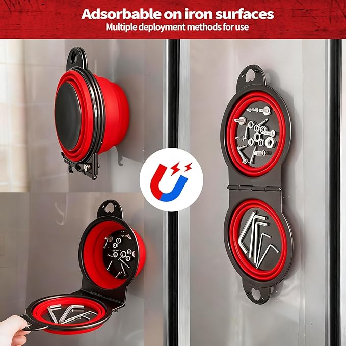Collapsible Magnetic Parts Tray Set, New Upgraded Version Magnetic Trays, Integrated 5.1" Round Dual Silicone Bowls, Multi-Use Nuts And Bolts Organizer, Bonus Hook for On-the-Go Carry (red2.0)