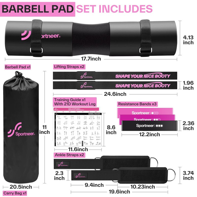 Sportneer Barbell Pad Set: 10 Pcs Squat Pad for Hip Thrusts, Lunges, Leg Day, Standard Olympic Bars with 2 Ankle Straps, 2 Lifting Straps, 3 Resistance Bands, Barbell Pad, Workout Poster and Carry Bag