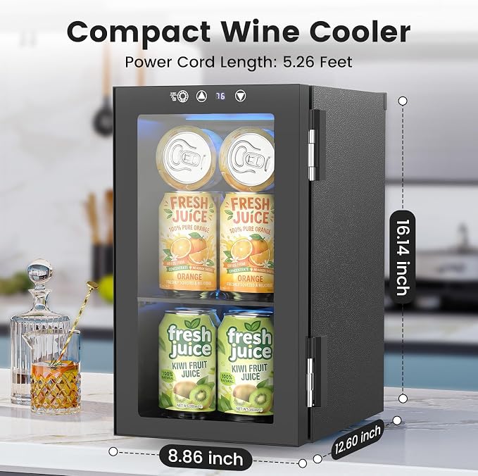 Electactic 10L Mini Beverage Refrigerator, 12-Can Capacity, 40-61°F | Compact 10L beverage fridge holds up to 12 cans, with a 40-61°F range, digital display, LED light, and glass door.