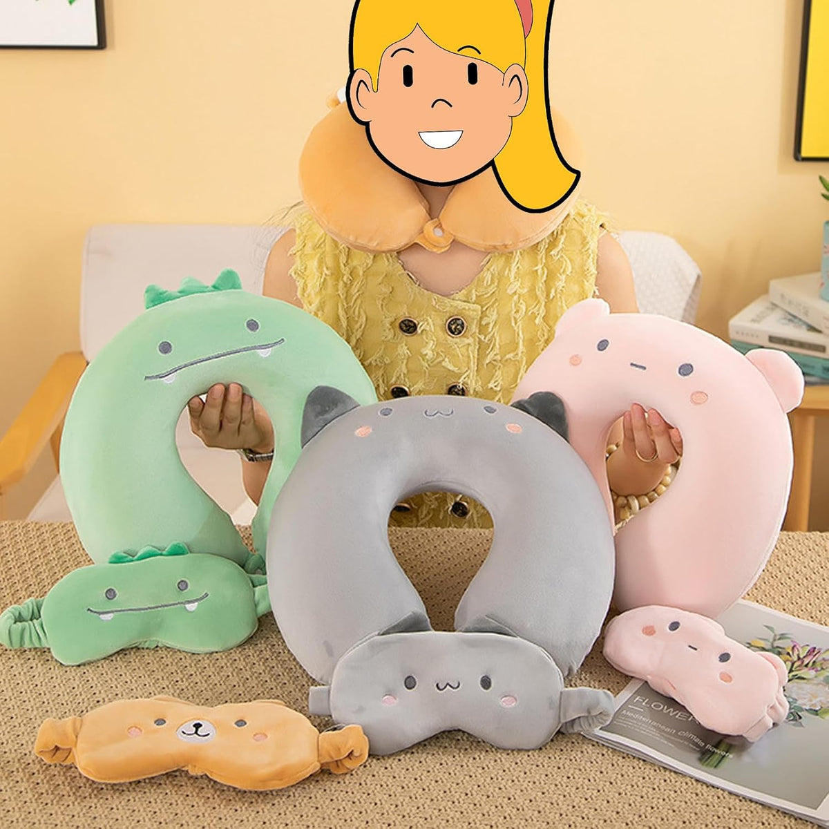 Kids Neck Pillow for Travel with Sleep Eye Mask, Cute Travel Neck Pillow, Memory Foam Flight Sleeping Headrest Pillow for Boys & Girls, Airplane, Train, Car, Home Use - Green Dinosaur