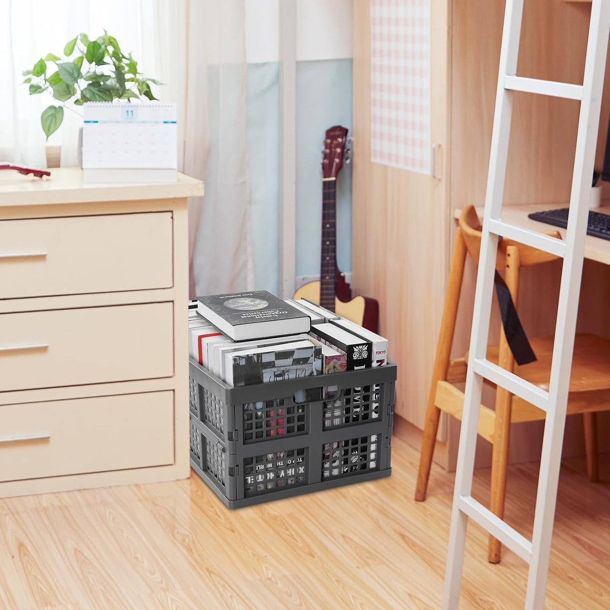 3 Packs 34L Plastic Folding Milk Storage Crate Bin, Grey