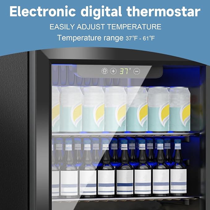 Stopasd Compact Beverage Refrigerator, 1.6 Cu.Ft/70 Can Drink Fridge, with Glass Door, Adjustable Shelves & Digital Display, Quiet Undercounter Small Fridge for Home/Office/Bar/Garage, Black