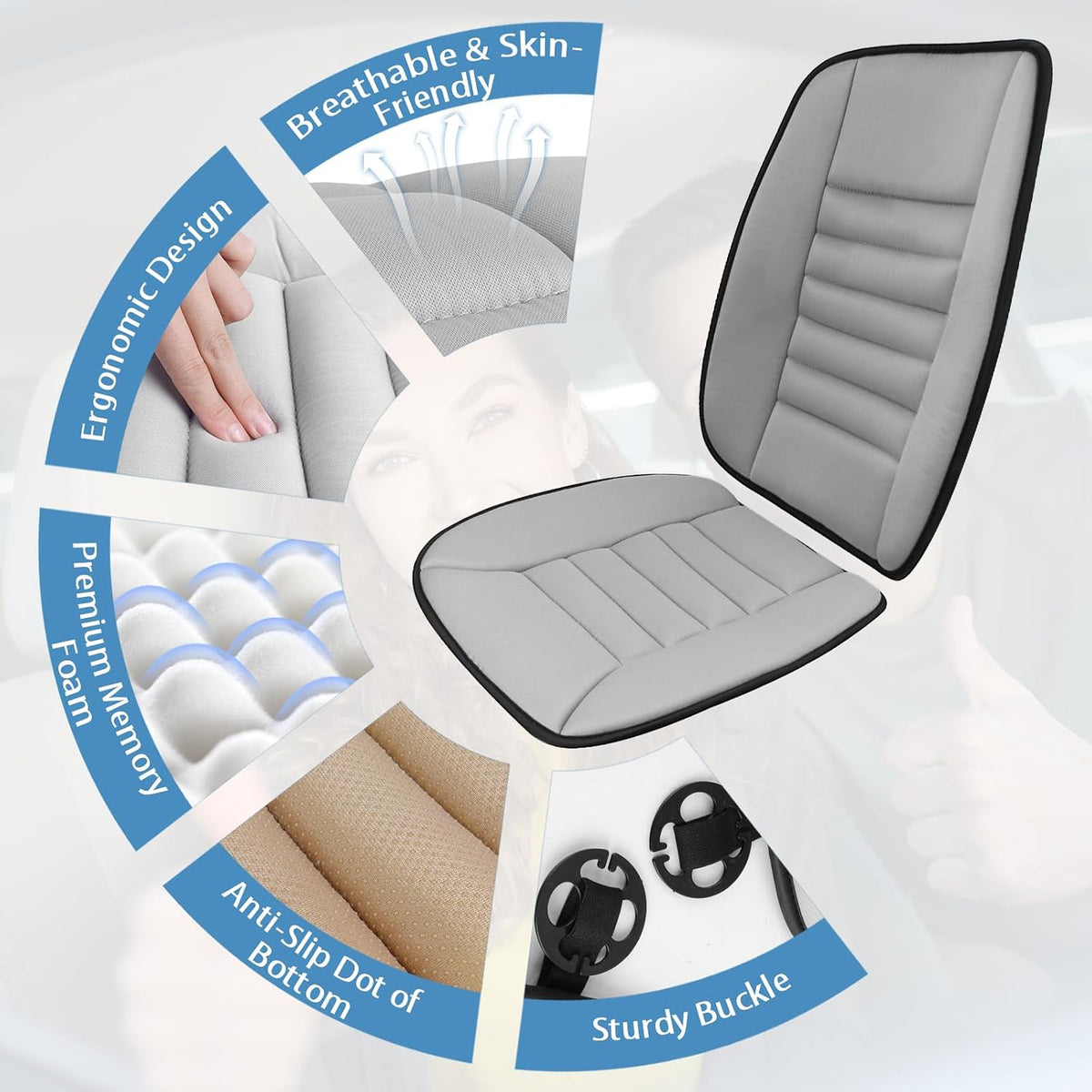 Car Seat Cushion, Memory Foam Cushion with Back Support, Gray
