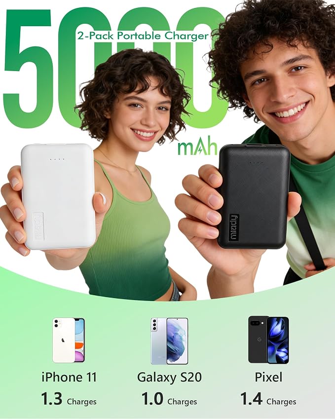 Miady 2-Pack 5000mAh Mini Portable Charger, 5V 2.4A USB-C Output Fast Charging Battery Pack Travel Small Power Bank Compatible with iPhone 16/15 Galaxy S24/S22 iPad Android etc (Cream Blue+ Pink)