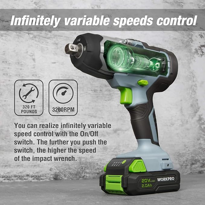 WORKPRO 20V Cordless Impact Wrench, 1/2-inch, 320 Ft Pounds Max Torque, 2.0Ah Li-ion Battery with Fast Charger, Belt Clip for Easy Carrying