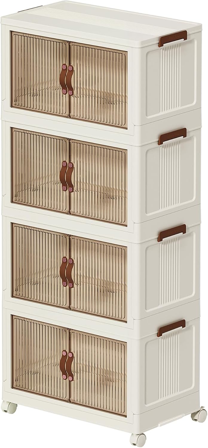 Collapsible Storage Bins with Lids - Stackable Plastic Closet Organizers for Clothes, and Home Organization White (5-rack, 30Gal/rack)
