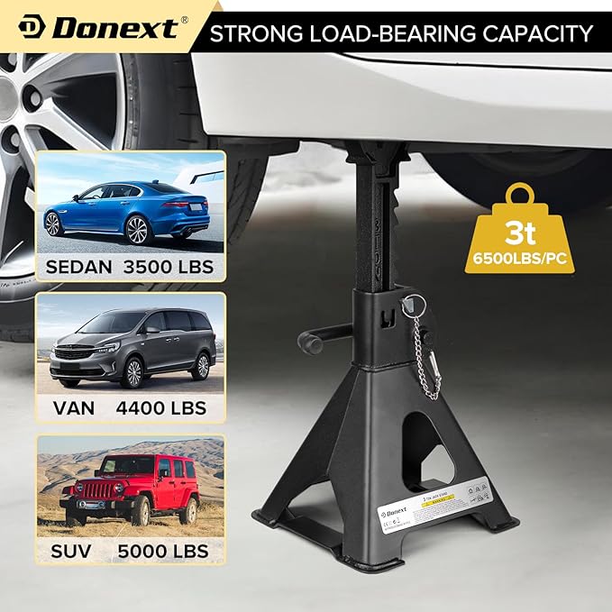 Donext Jack Stands, 3 Ton (6,000 lbs) Capacity Car Jack Stands Double Locking, 11.4"-16.54" Adjustable Height, Car Stand for Lifting, Black, 1 Pair