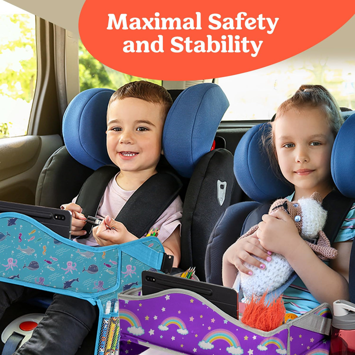 PILLANI Kids Travel Tray for Car - Car Seat Tray for Toddler, Roadtrip Essentials, Carseat Table Tray for Kids Road Trip Activities - Toddler Lap Desk Organizer for Airplane w/Dry Erase Surface