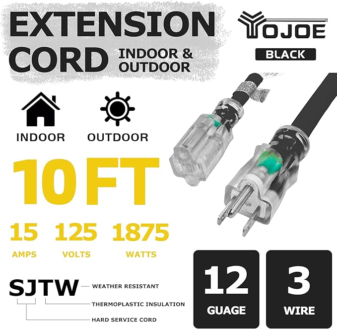 YOJOE Indoor Outdoor Extension Cord with Lighted End, 3 Prong 15A Weatherproof Power Cord, 12 Gauge Heavy Duty 10 ft Black Extension Cord for Garage, Garden and Home, 12/3 SJTW UL Listed