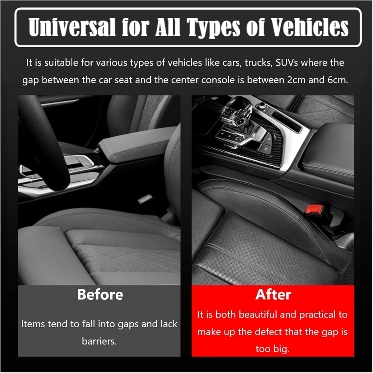 Car Seat Gap Filler Universal Fit Orgaziner for Car, SUV, Truck to Fill The Gap Between Side Seat and Console Stop Cellphone, Wallet, Keys, Coins from Dropping, 2 Pack (Black)