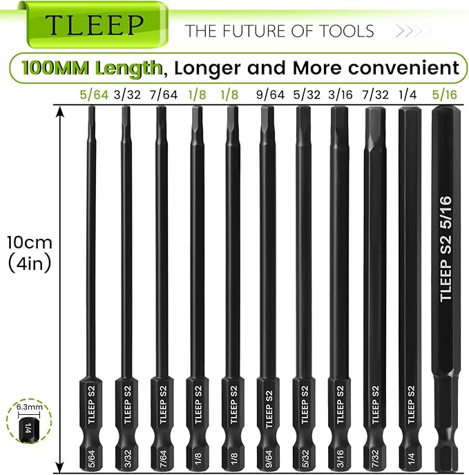 11Pcs 1/4" Allen Wrench Drill Bit Set 5/16"-5/64", 100MM Long Length Magnetic SAE Hex Key Set with Case for Ikea Furniture, S2 Steel, Black Drill Bits Tools for Narrow Spaces, 11 Pcs Full Sizes