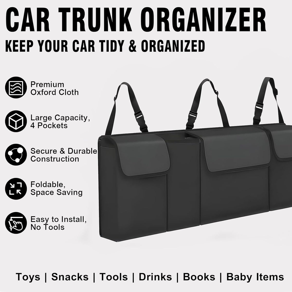 Car Trunk Organizer – Backseat Hanging Large Storage Bag with Adjustable Straps, Waterproof Collapsible Cargo Organizer with 4 Pockets, Space-Saving Trunk Storage for SUV Truck MPV (Black)