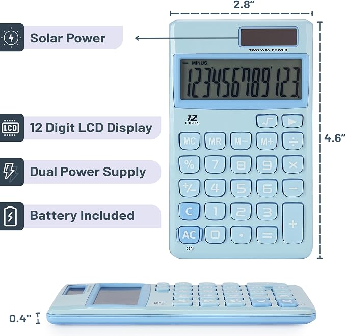 Mr. Pen- Standard Function Calculator, 12 Digits, Small Light Blue Solar Pocket