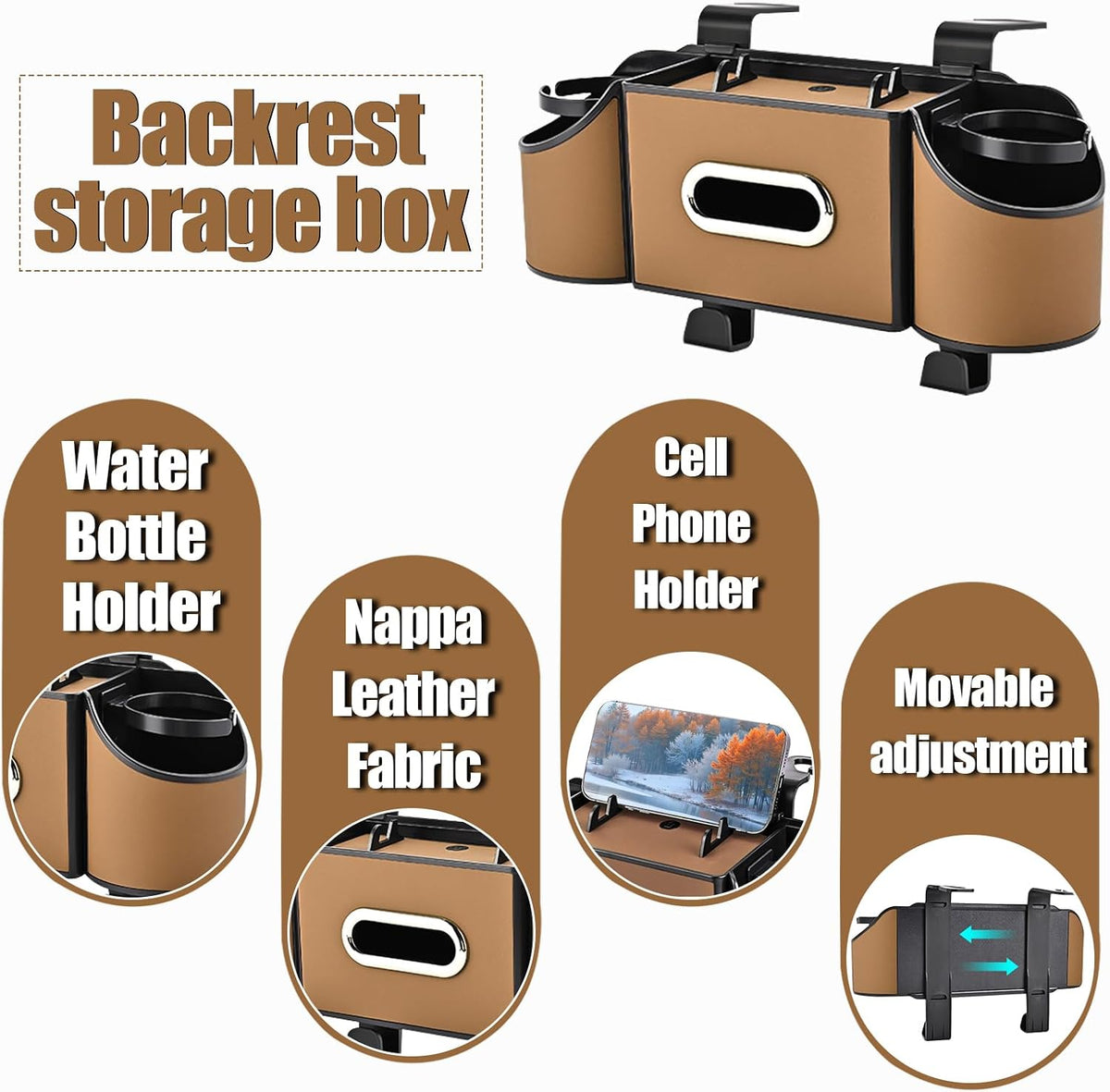 Back Seat Car Organizer,4 in 1 Multifunctional Car Back Seat Storage Box with Drink Cup Holder Tissue Box, for Hold Phone,Snacks, Drinks, Handbag-Light Brown
