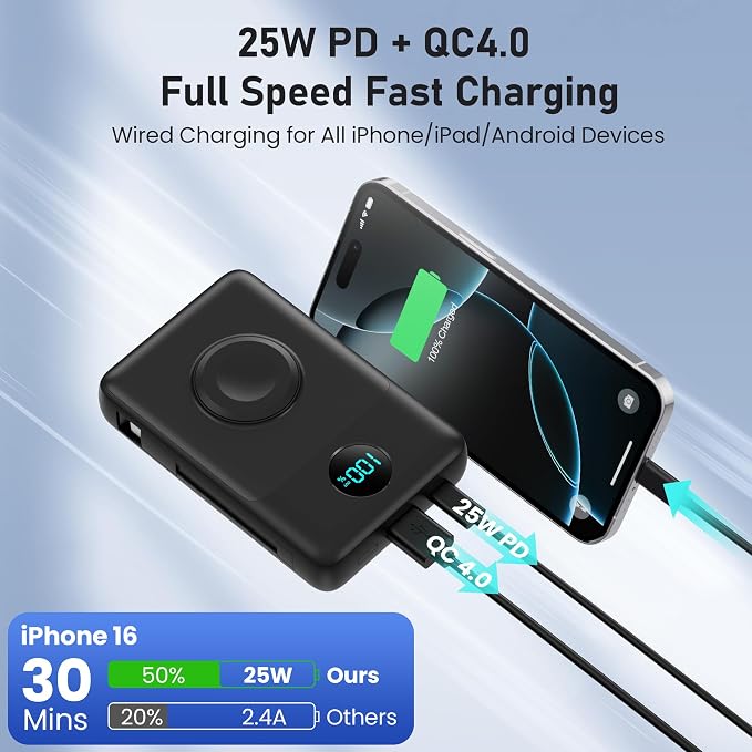 Magnetic Portable Charger for MagSafe with Built-in Cable, iWatch Charger,10800mAh Wireless Power Bank Travel Essentials,25W PD Fast Charging Battery Pack for iPhone 17/16/15/14/13 Series,Apple Watch