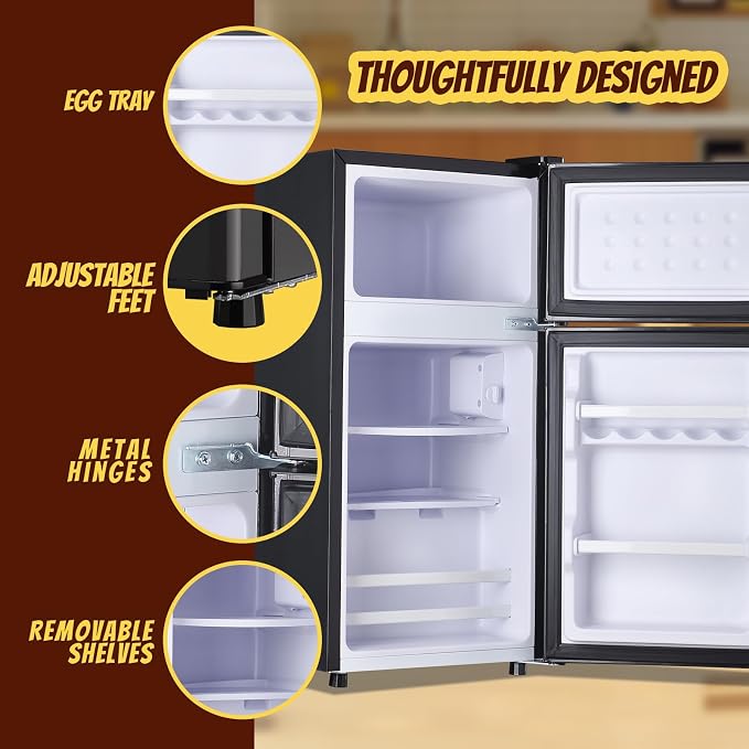 2.4 Cu.ft Mini Fridge with Freezer Dual Door Small Fridge Dark Gray | Bottom Drink Holder 2 Plastic Shelves 7 Temp Control