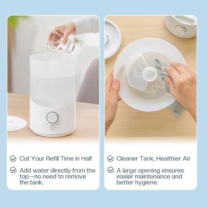 Cool Mist Humidifier for Bedroom, 3L Top Fill Ultrasonic Air Humidifier with Adjustable Knob Control, Quiet Operation, Auto Shut-Off, BPA-Free for Home, Baby, Office, Plants M4