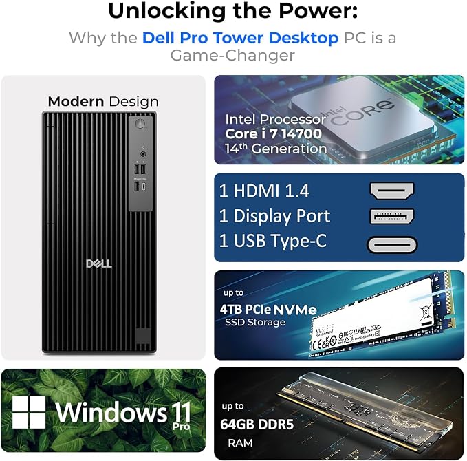 Dell 2026 Pro Tower Desktop, Intel i7-14700T 20-Core, 32GB DDR5+1TB SSD | Multi-Display, Windows 11 Pro, Enterprise Security, Next Gen OptiPlex for for Corporate & Business, Jet Black