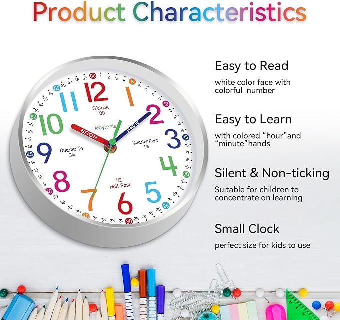 Roymnie Wall Clock for Kids Learning Easily Kids Teaching Clock Silent Non