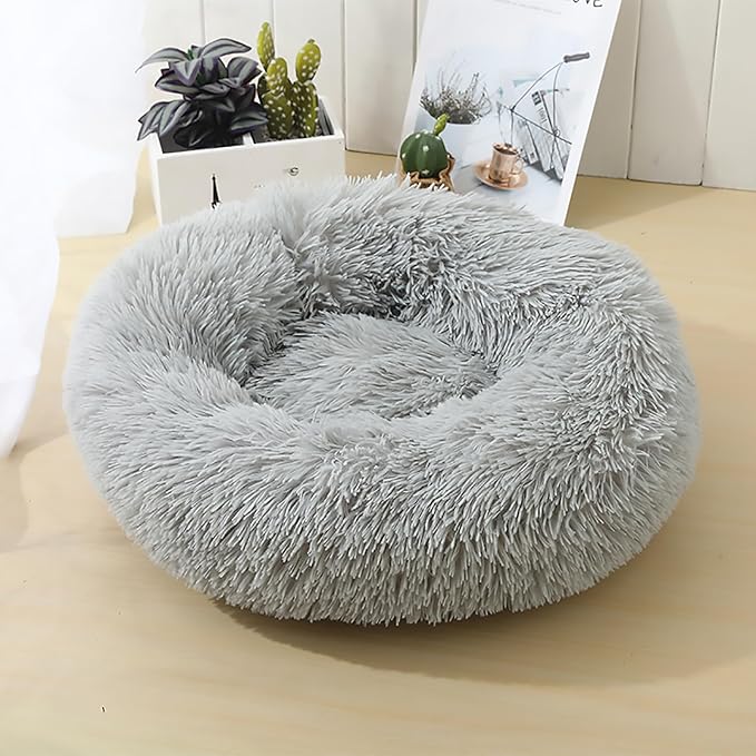 Calming Dog Bed for Small Dogs, Calming Donut Cuddler Pet Bed Anti Anxiety Round Dog Bed Fluffy Plush Faux Fur Cat Bed,Gradient Grey,15.7IN