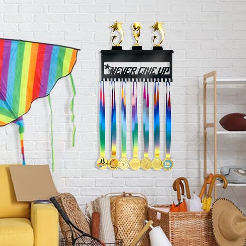 Bnesi Black Metal Medal Holder | Adjustable Trophy Wall Frame - Foldable Organizer for Medals