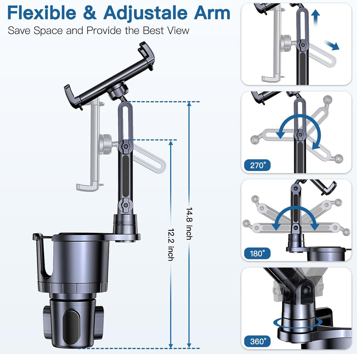 Cup Holder Phone Tablet Mount, 2 in 1 iPad Car Cup Holder with Expander Adjustable Arm for 4.7-10 inches Phone Tablet Mount Compatible for iPad Pro Air Mini, Fire,iPhone 17,Galaxy Phones