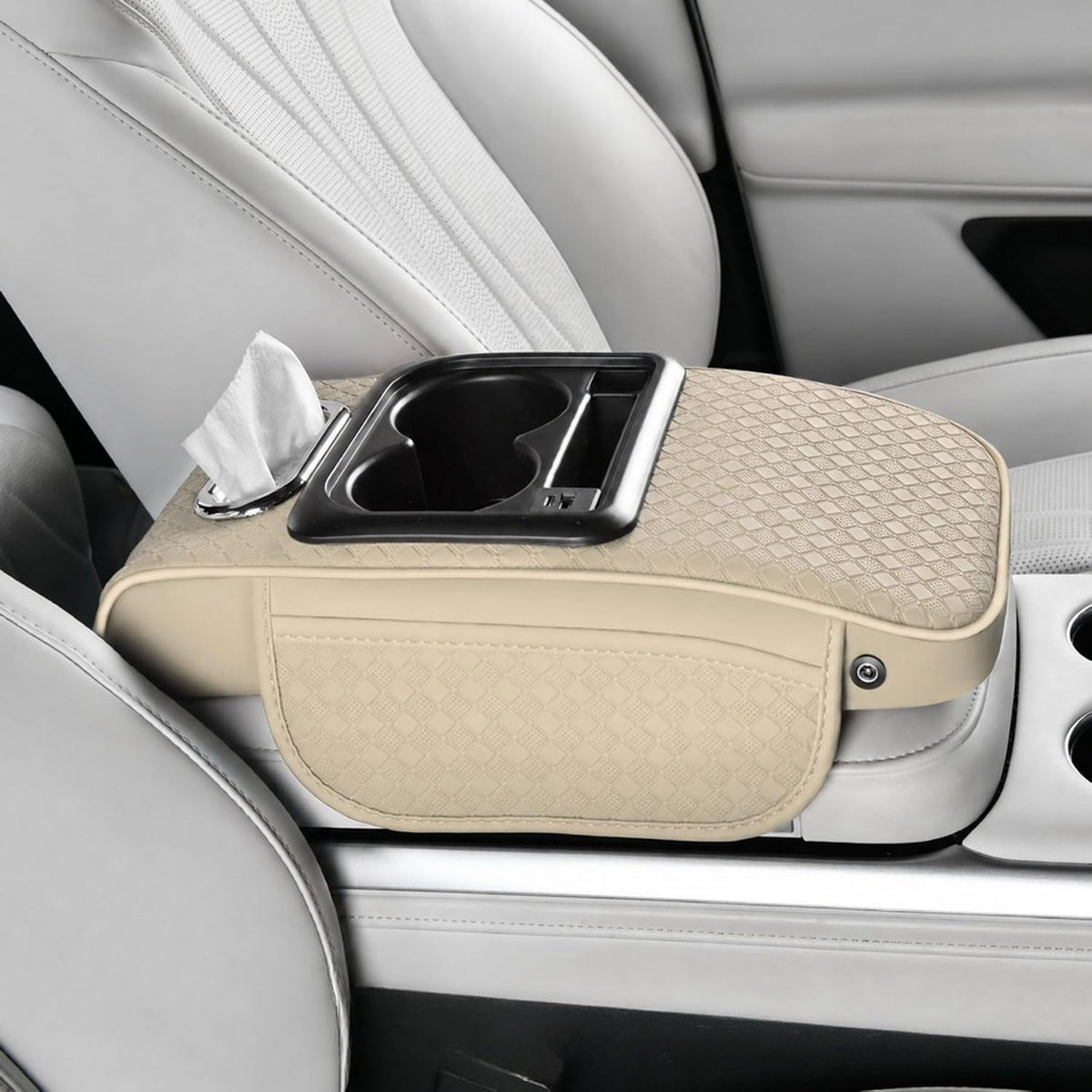 Car Center Console Armrest Cushion with USB& Type-C Charging Ports, Multifunction Armrest Organizer with Cup Holder, Tissue&Phone Slot, Side Pocket, Sloped Arm Rest Pad for Cars SUVs (Light-Beige)