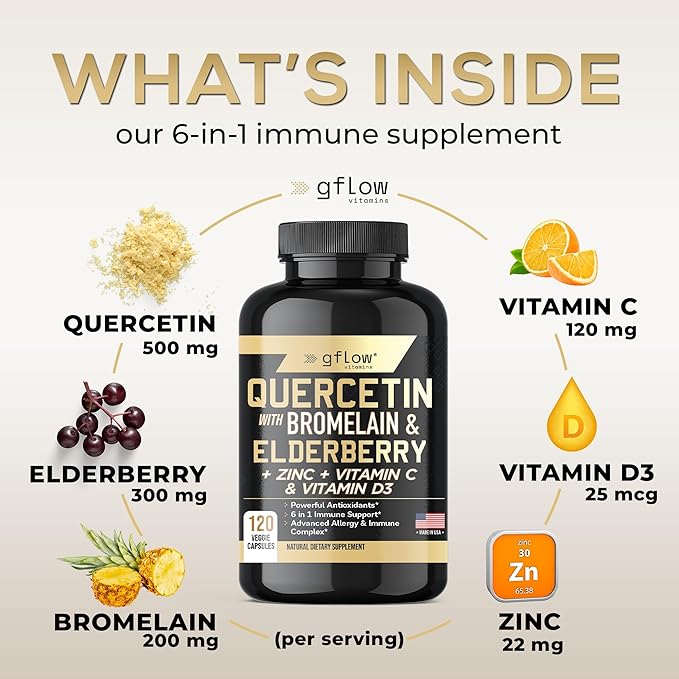 Quercetin with Vitamin C and Zinc - 500mg - Quercetin with Bromelain - Zinc Quercetin - 120 Veggie Caps - Elderberry with zinc and Vitamin c for Adults (Non-GMO, Vegan) 4 Months Supply