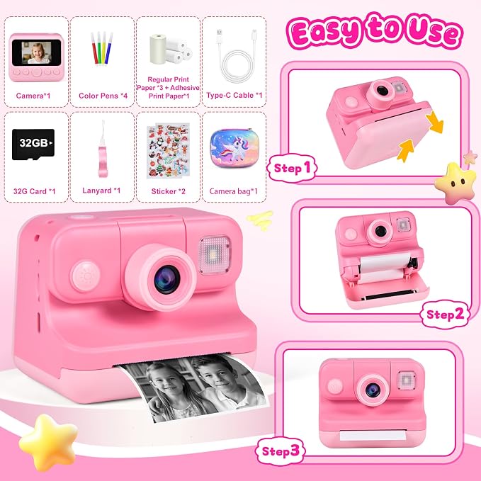 Kids Instant Print Camera with Carrying Bag, 1080P HD Girl Camera with 4 Print