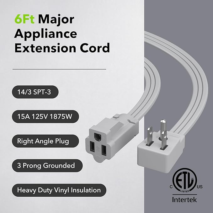 BN-LINK 6ft Air Conditioner Extension Cord, 14 Gauge Heavy Duty Power Cord, Gray, 3 Prong Grounded Flat Plug, 15 Amps, for Indoor Air Conditioner, Refrigerator and All Major Appliances