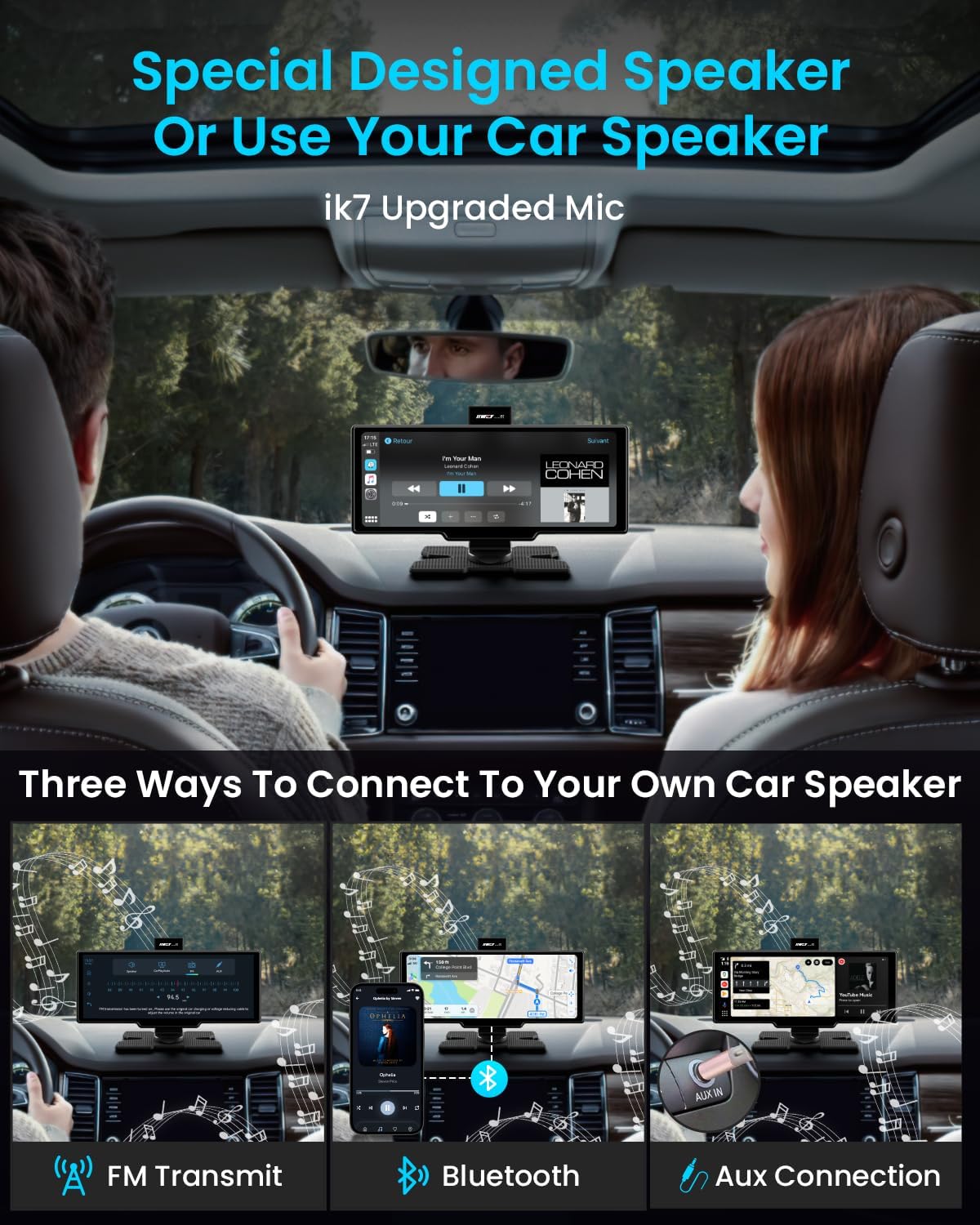 Portable Apple Carplay Screen, 10’’ Car Stereo Wireless Car Play & Android Auto Touch Screen, 4K Dash Cam, 1080P Backup Camera, Mirror Link/Voice Control/Music Play/GPS Navigation