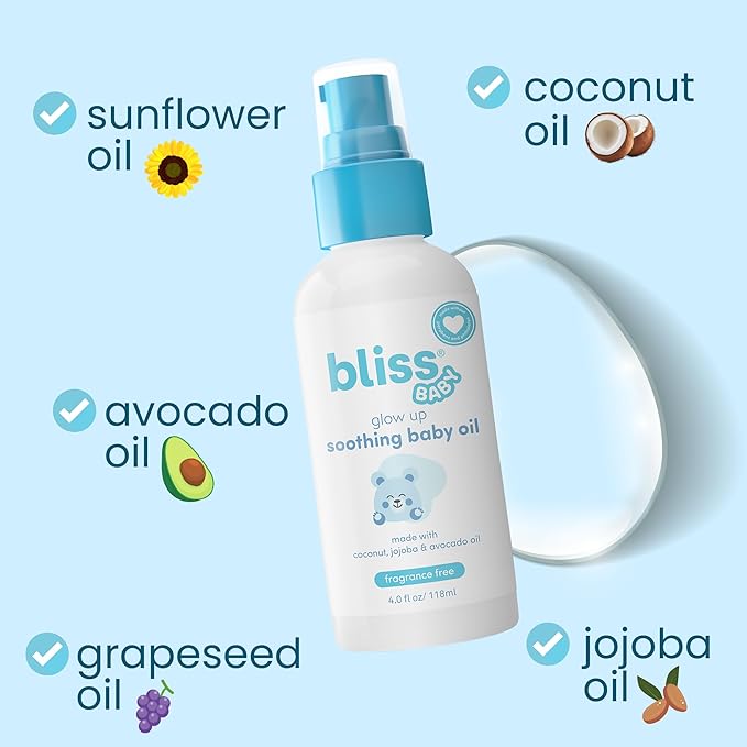 Bliss Baby Oil, All Natural, Premium & Unscented, Vegan - Made with Organic Avocado Oil, Coconut Oil, Dermatologist Tested, Soothing & Hydrating Baby Massage Oil, Travel Size 4 fl. Oz.