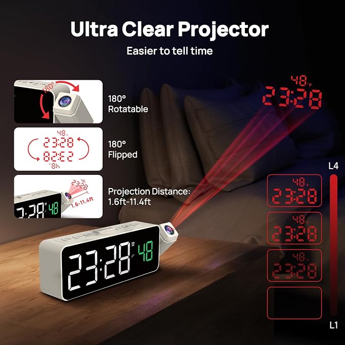 Netzu Projection Alarm Clock for Bedroom Ceiling, Small Compact Plug-in Digital
