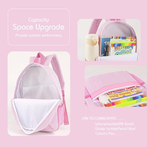 MT WORLD Personalized Toddler Backpack - Embroidered Name Seersucker Design for Girls 2-4 (Pink)
