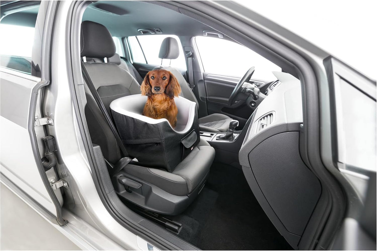 Trixie Max Dog Car Seat 17.7 × 16.5 × 15.4 in – Booster Seat with Safety Tether, Non-Slip Bottom & Outside Pockets – Convertible Travel Bed with Washable Cushion