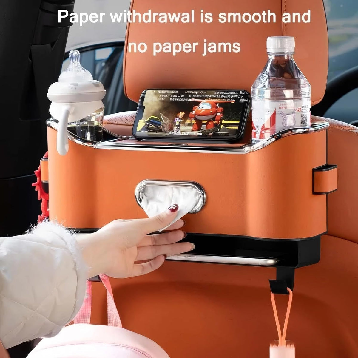 Multifunctional Car Backseat Organizer with Cup Holder, Tissue Box, Trash Bin & Hooks, 3-in-1 Back Seat Car Organizer for Hold Phones, Snacks, Drinks, and Handbags (Original Model - Orange)