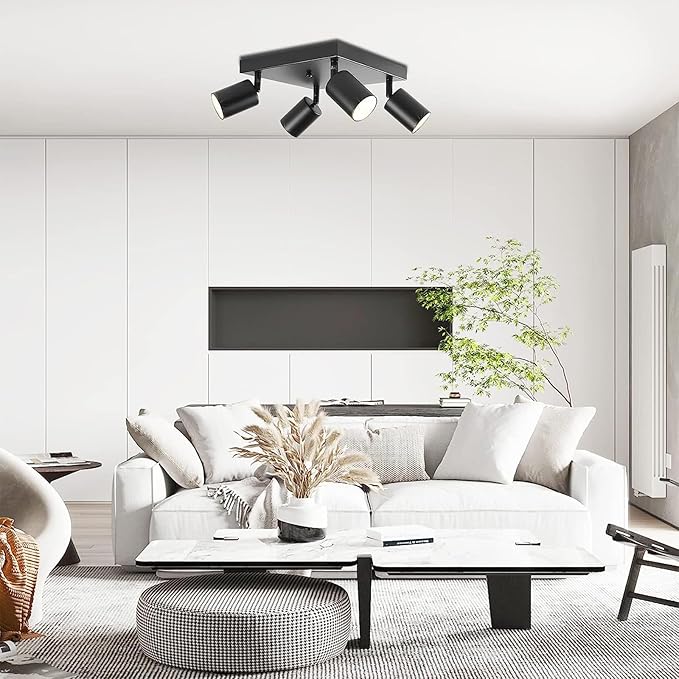 Ceiling Spot Lights Indoor: 4 Lights Led Flush Mount Ceiling Light Fixture GU10 Head Modern Black Adjustable Directional Light for Kitchen Bathroom Bedroom Hallway