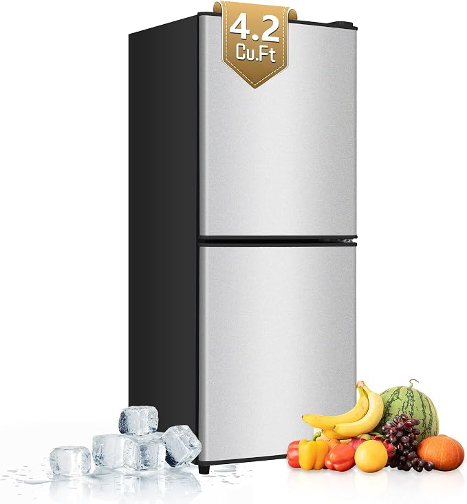 4.2 Cu. Ft. Mini Fridge with Freezer, Small Refrigerator Silver | with 7-Level Adjustable Thermostat, Mini Refrigerator Compact Fridge and Freezer for Dorm, Office, Apartment, College, RV