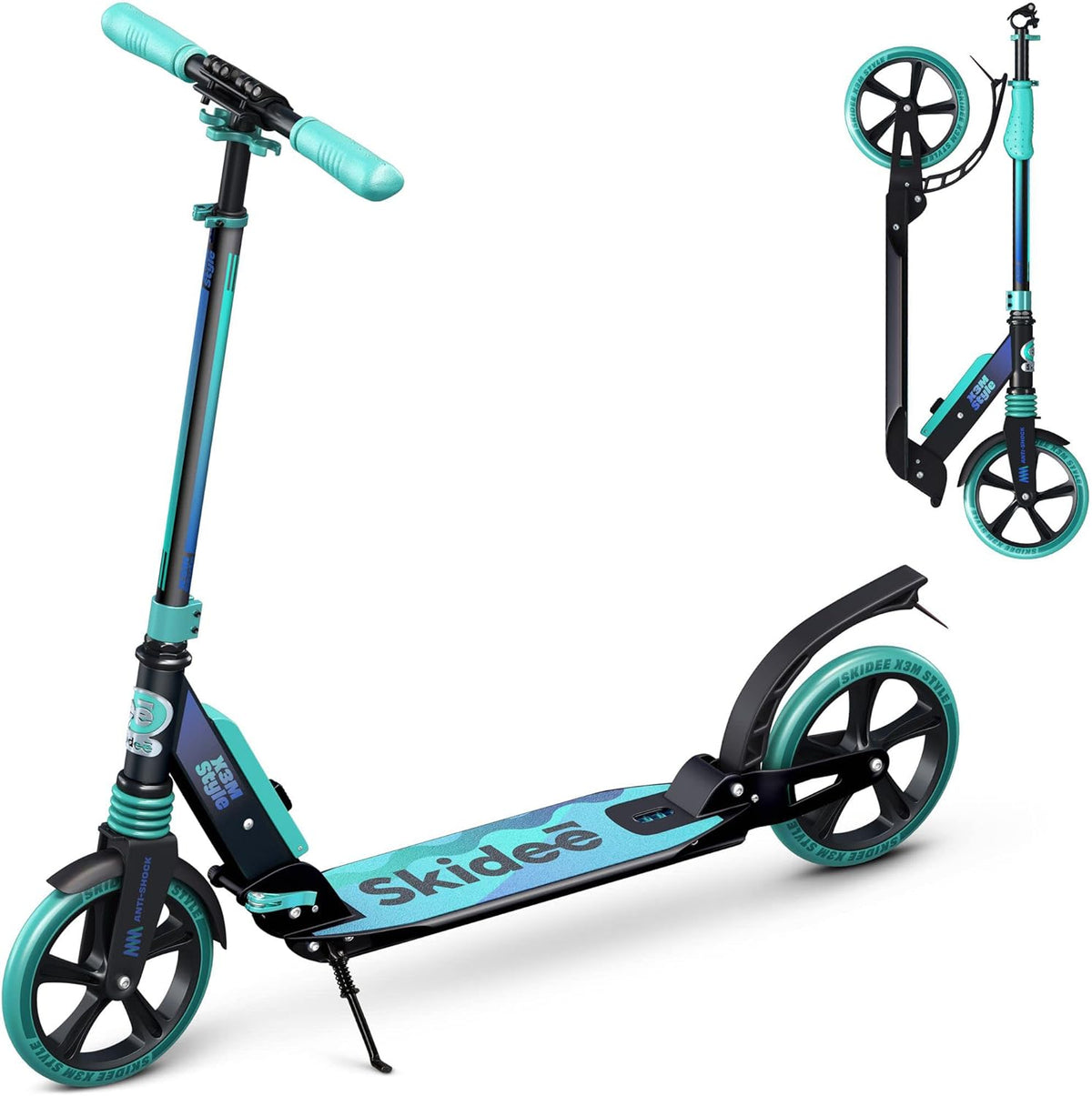 Skidee Scooter for Adults & Teens - Adjustable Height, Lightweight, Durable, Anti-Shock Suspension, Large Wheels, 220 lbs Capacity
