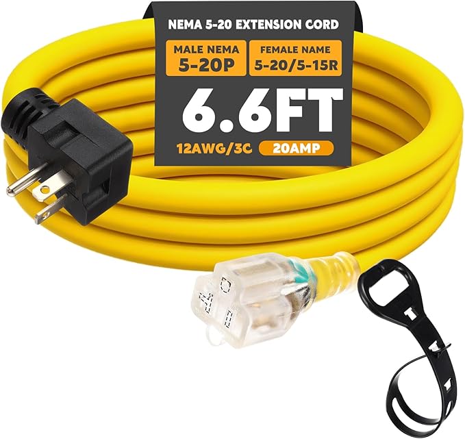 Kanayu 6.6FT NEMA 5-20 Extension Cord, 5-20P Male Plug to 5-20/5-15R Female Receptacle, 20 Amp T-Blade Outlet Extension Power Cord with Indicator Light, 12 AWG, ETL Listed