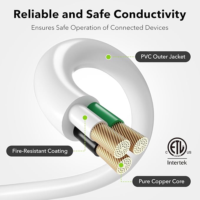 BN-LINK 12ft Outdoor Extension Cord, 3-Prong, 16 Gauge General Purpose Power Cord, Grounded Plug, White, for Landscaping & Holiday Decorations, Home & Office, 13A ETL