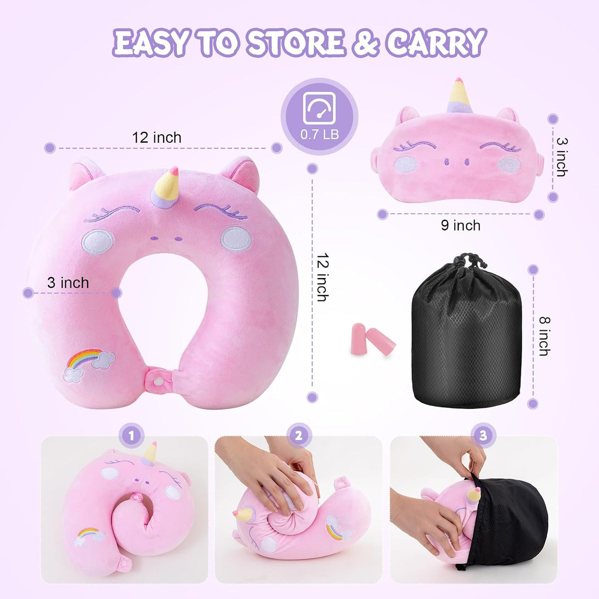 Cirorld Travel Pillow for Kids Adult Cute Neck Pillow for Traveling Memory Foam Airplane Pillow Sleep Mask Animal Flight Pillow Head Rest Neck Support for Cars Long Flights (Pink, 9-12 Y/O)