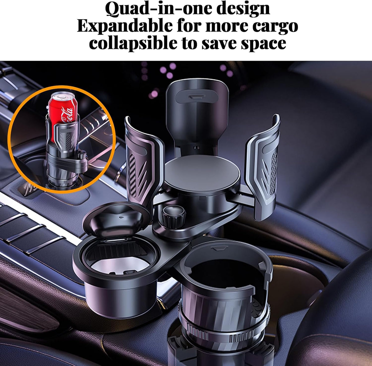 4-in-1 Car Cup Holder with Ash Tray - Adjustable Width, Rotating Base & Lock, Fits 6-10cm Car Slots, Holds Drinks, Fast Food, Bubble Tea (ABS & Zinc Steel),Extra,Expander,2 Cup Carrier car