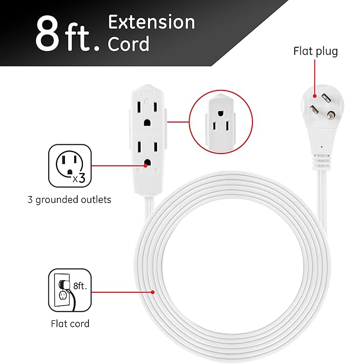 GE 3-Outlet Flat Extension Cord 8 Ft Grounded Extension Cord with Multiple Outlets 3 Prong Outlet Extender Flat Plug Indoor Power Strip 16 Gauge UL Listed White 50251