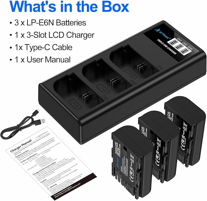 Artman LP-E6N LP-E6 Battery 3-Pack 2750mAh and 3-Slot LCD Charger