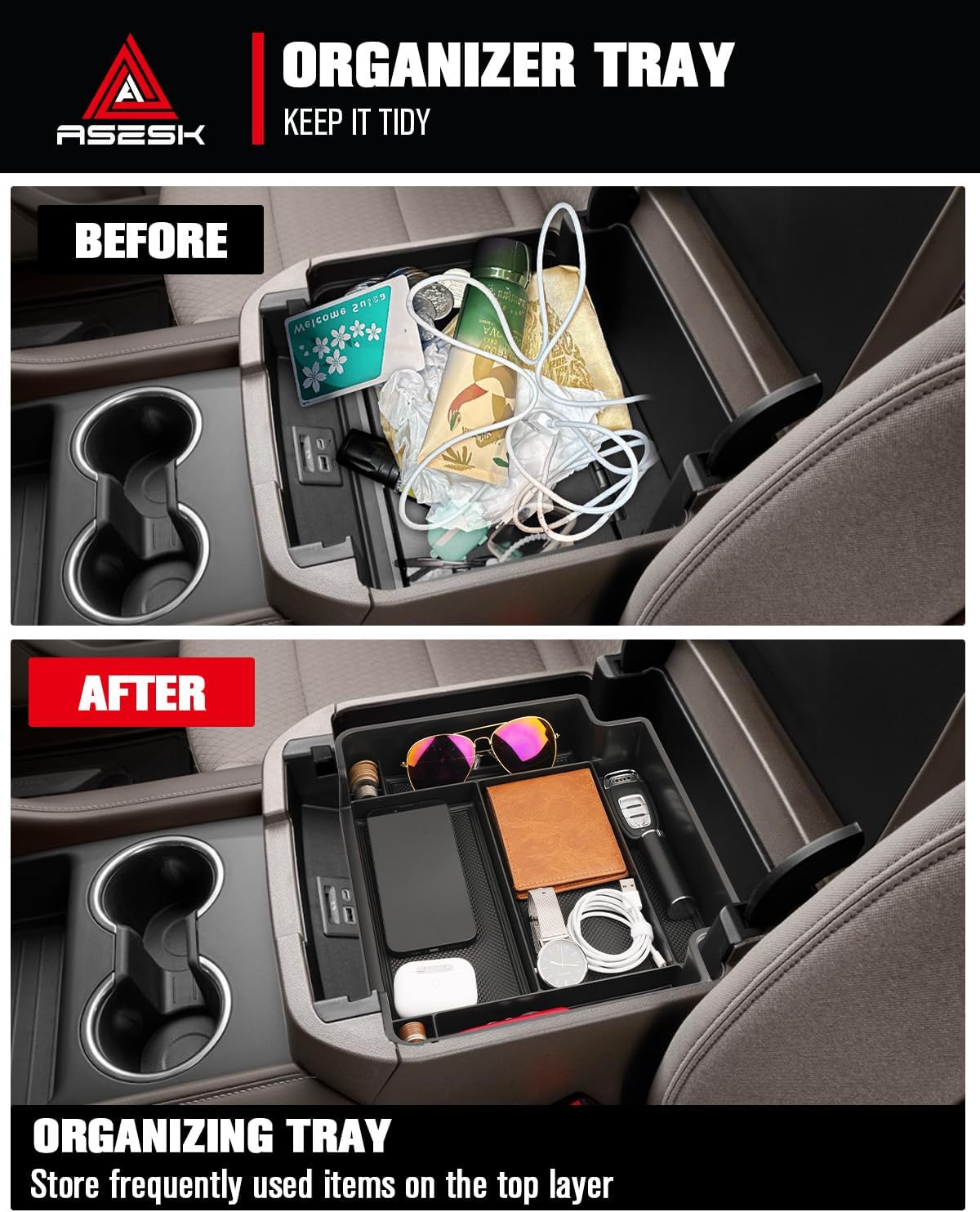 for 2021-2026 Chevrolet Tahoe& Suburban/GMC Yukon（Standard Console w/Charging Socket - Not for Power Sliding Console Center Console Organizer Tray ABS Materials