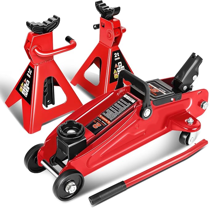 DNA Motoring 2 Ton Car Jack and Stands Kit 2T(4000 lbs) Capacity Low Profile Hydraulic Trolley Service/Floor Jack with 2 Ratchet Stands Combo for Home Garage Shop, Red, TOOLS-00476-RD