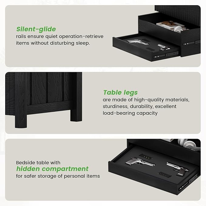HNEBC Nightstand with Gun Drawer for Bedroom,Black Night Stand with Hidden Compartment, Auto LED Lighted, Charger Station, 2 Drawer, 23.6" Wider Bedside Table for Dorm,Sofa,Office
